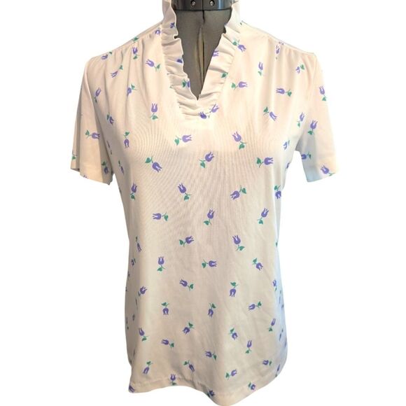 Vintage Women's Bonworth White Tulip Floral Print Ruffle‎ Poly Short Sleeve Top - Picture 1 of 6